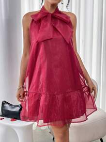 SHEIN Privé Halter Bowknot Dress - Red - View 6