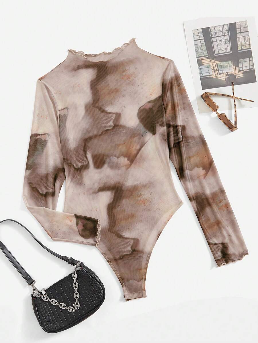 SHEIN EZwear Ladies' Tie-Dye Mesh Bodysuit - Apricot - View 1