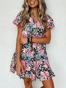 Pink Leopard Floral Print Wavy Embellished Mini Dress - Multicolor - View 3