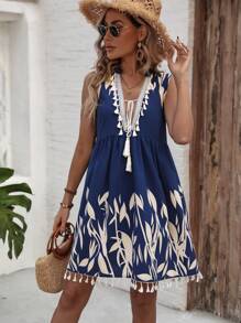 SHEIN LUNE Leaf Print V-Neck Fringed Tassel Dress - Navy Blue - View 4