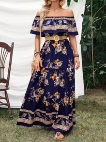 SHEIN VCAY 女士露肩花卉印花連衣裙,褶邊下擺 - 黑色 - 查看 4