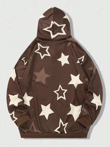 ROMWE MEN Prep Men's Hoodie With Kangaroo Pocket, Zipper Closure, Letter & Star Design - Coffee Brown - View 2