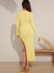 Hauture 針織領帶上衣和不對稱裙子套裝 - 黃色 - 查看 2