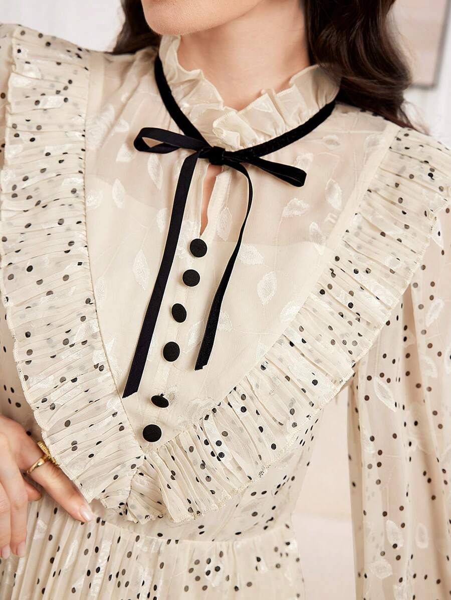 Modelyn Vestido De Mujer Con Estampado De Lunares, Escote Con Volantes Y Cinturón En La Cintura - Albaricoque - Ver 1