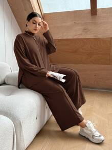 SHEIN Essnce Plus Size Solid Color Casual Two Piece Set - Coffee Brown - View 1