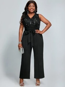 SHEIN Lady 大尺碼女款無袖連身褲,搭配閃亮亮片細節 - 黑色 - 查看 6