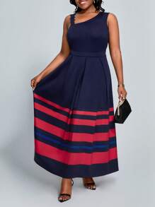 SHEIN Lady Plus Size Sleeveless Striped Dress - Multicolor - View 1