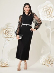 Modelyn 女用蝴蝶刺繡網布拼接不對稱領口洋裝 - 黑色 - 查看 8