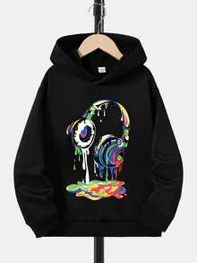 Teen Boys' Casual Simple Earphone Pattern Long Sleeve Sweatshirt, Suitable For Autumn And Winter - Black - View 1