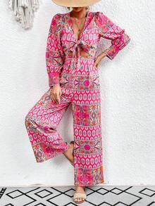 SHEIN VCAY 女款印花鏤空繫帶腰部連身褲 - 彩色 - 查看 2