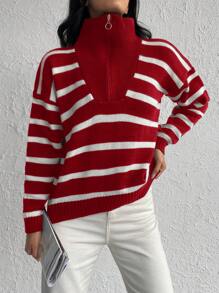 SHEIN Cottnline Zipper Front Drop Shoulder Sweater With Colorblock Stripes - Red - View 5
