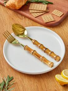 SHEIN Basic living Bamboo Gold Set 18/8 Stainless Steel Tableware Set Natural Bamboo Utensil Flatware Set Spoon Fork Knives Bamboo Handle Cutlery Set for Kitchen Wedding Home Restaurant Party,Creative Flatware For Dining,2 Pieces/set - Gold - View 2