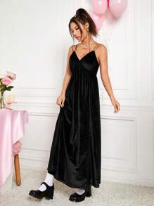 SHEIN EZwear Nhung Chấm bi Lãng mạn Dây đeo Mì Ý  Đầm - màu đen - Xem 1