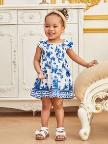 Vestido de manga corta y línea A con estampado floral azul para bebé niña - Azul - Ver 9