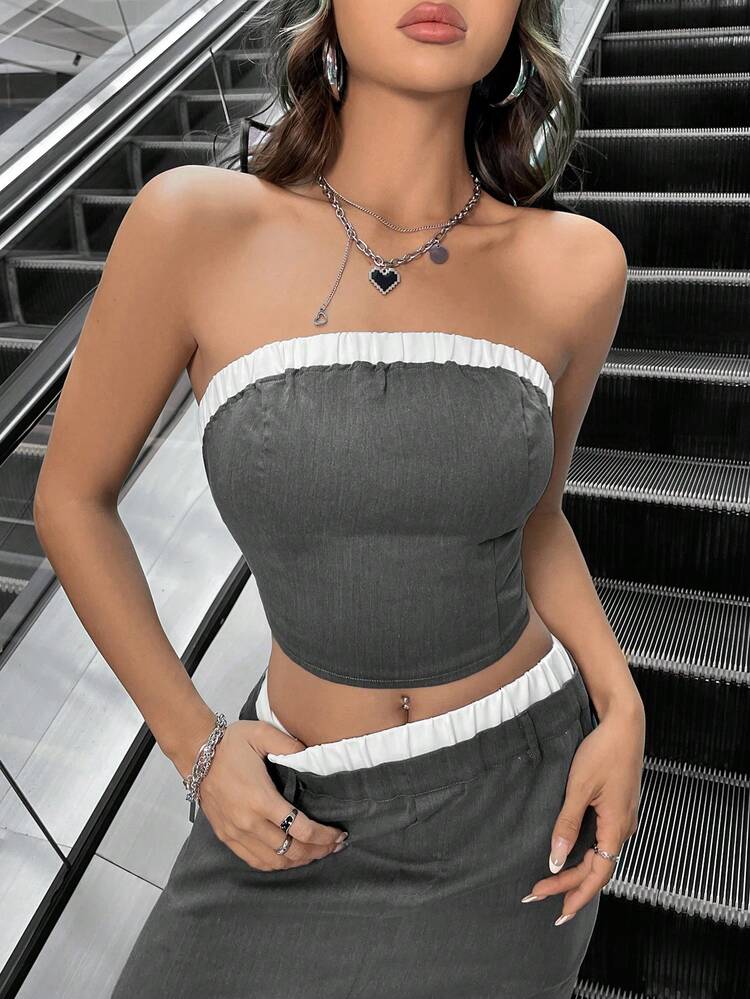 Color Block Casual Strapless Top And Skirt