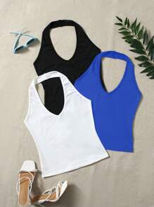 SHEIN EZwear Top Con Cuello Halter De Color Liso - Multicolor - Ver 1