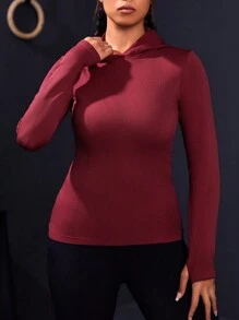 SHEIN Sports 大尺碼純色無縫運動連帽衫 - 酒紅色 - 查看 1