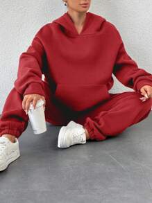SHEIN Cottnline Ladies' Solid Color Hoodie And Pants Set - Red - View 3