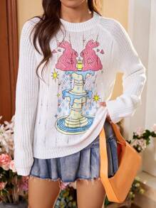 SHEIN Qutie Women's Cartoon Pattern Raglan Sleeve Sweater - White - View 3