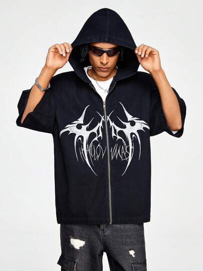ROMWE MEN ROMWE Avant Men's Zipper Front Hooded Denim Jacket