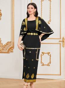 Al Najma Gold Foil Printed Dress - Black - View 1