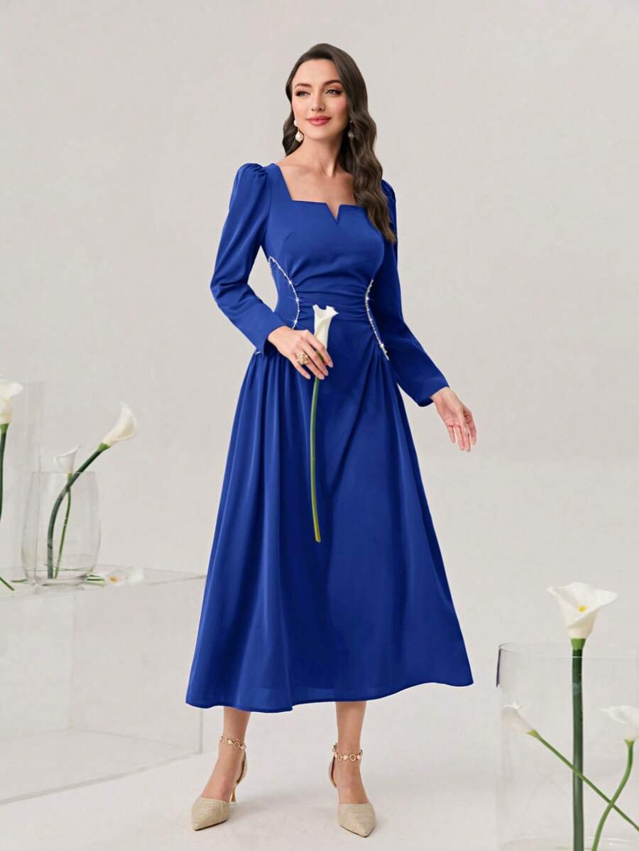 Modelyn Sweetheart Neck Puff Sleeve Ruched Front Formal Dress Long Evening Dresses - Royal Blue - View 1