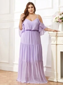 SHEIN Belle Kích thước lớn Của phụ nữ Váy phù dâu Với Hollow-out Vai , Thêu Dây đeo vai , Rộng Hem Và Bọc - Màu tím hoa cà - Xem 4