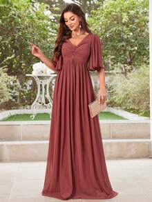 UNITHORSE V-Neck Ruched Chiffon Bridesmaid Dress - Redwood - View 5