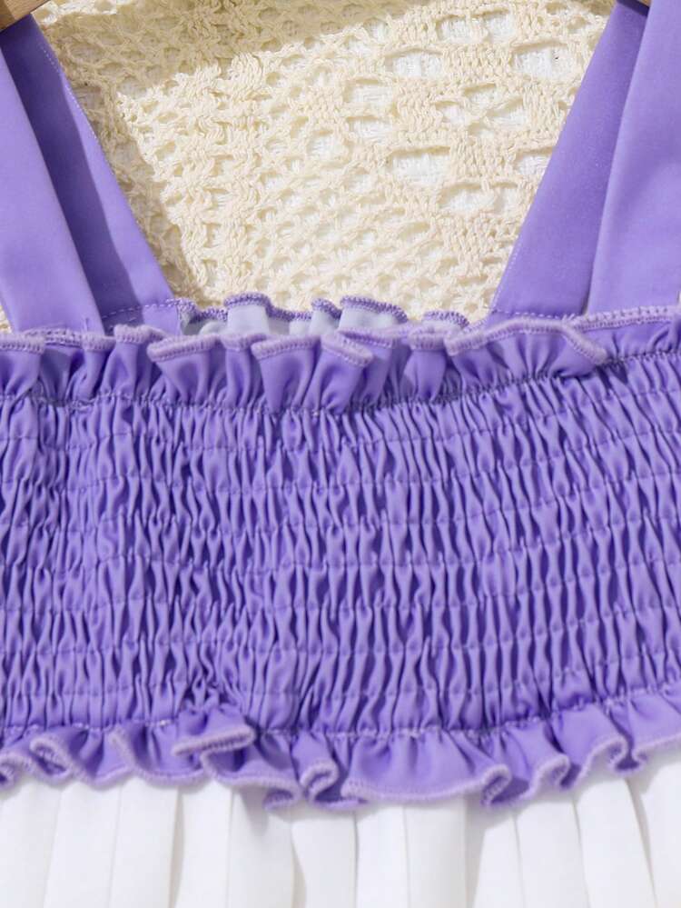 Baby Girl'S Summer Vacation Shirred Color Block Sundress With Ruffle Straps