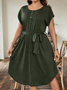 SHEIN LUNE Đầm chữ A cổ tròn tay cánh dơi thường ngày cỡ lớn cho nữ có dây buộc eo, trang phục mùa hè - xanh quân đội - Xem 3