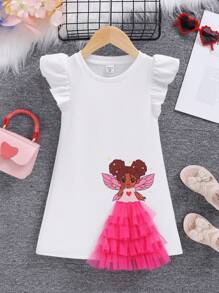 SHEIN 幼兒女童甜美時尚的針織波浪袖圓領連衣裙,適合日常穿著 - 白色 - 查看 1