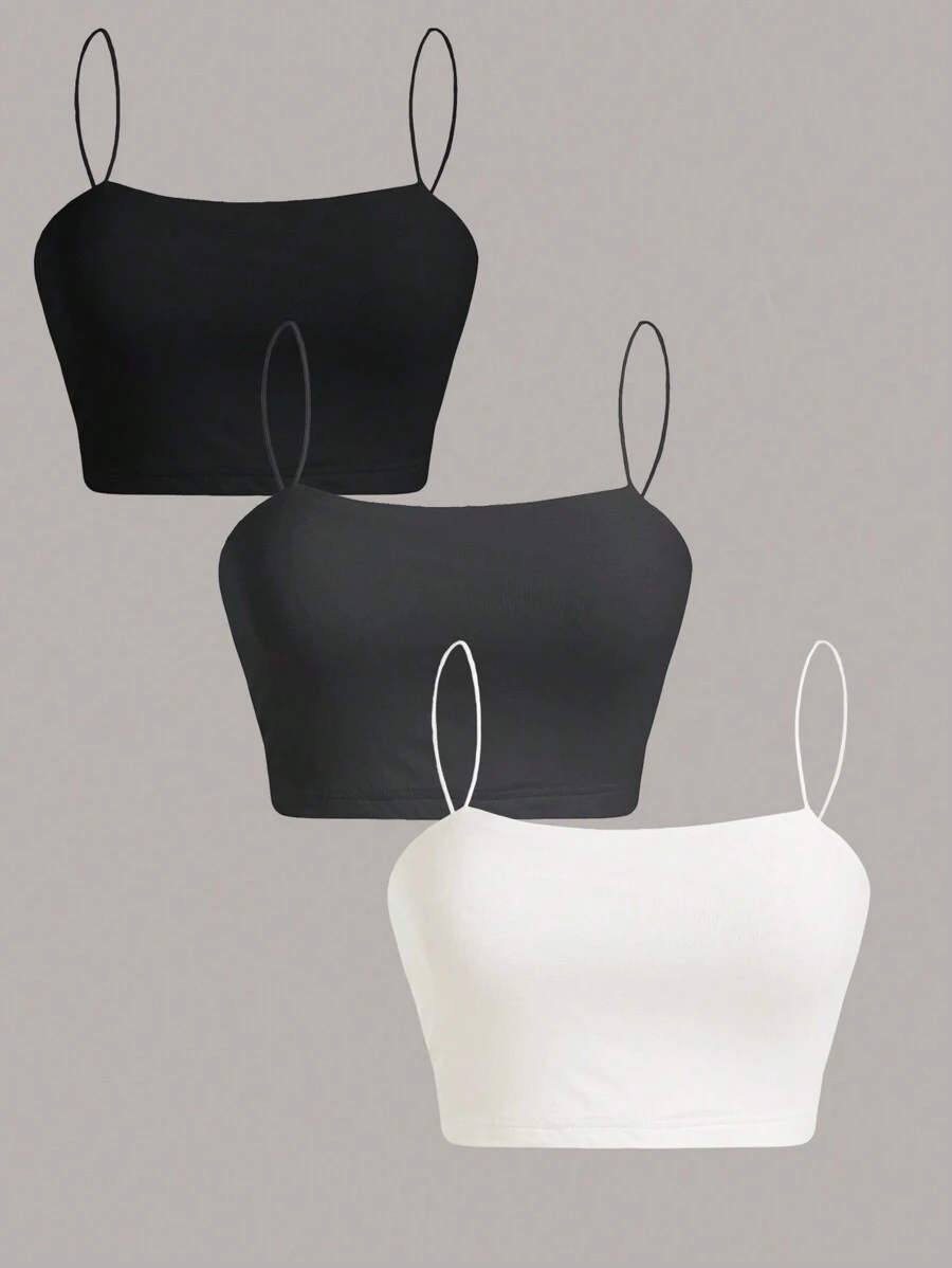 SHEIN EZwear 3 件套女士休闲纯色修身短款背心，夏季 - 彩色 - 查看 1