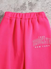 SHEIN 少女字母印花圓領毛絨上衣和運動長褲套裝 - 玫紅色 - 查看 5