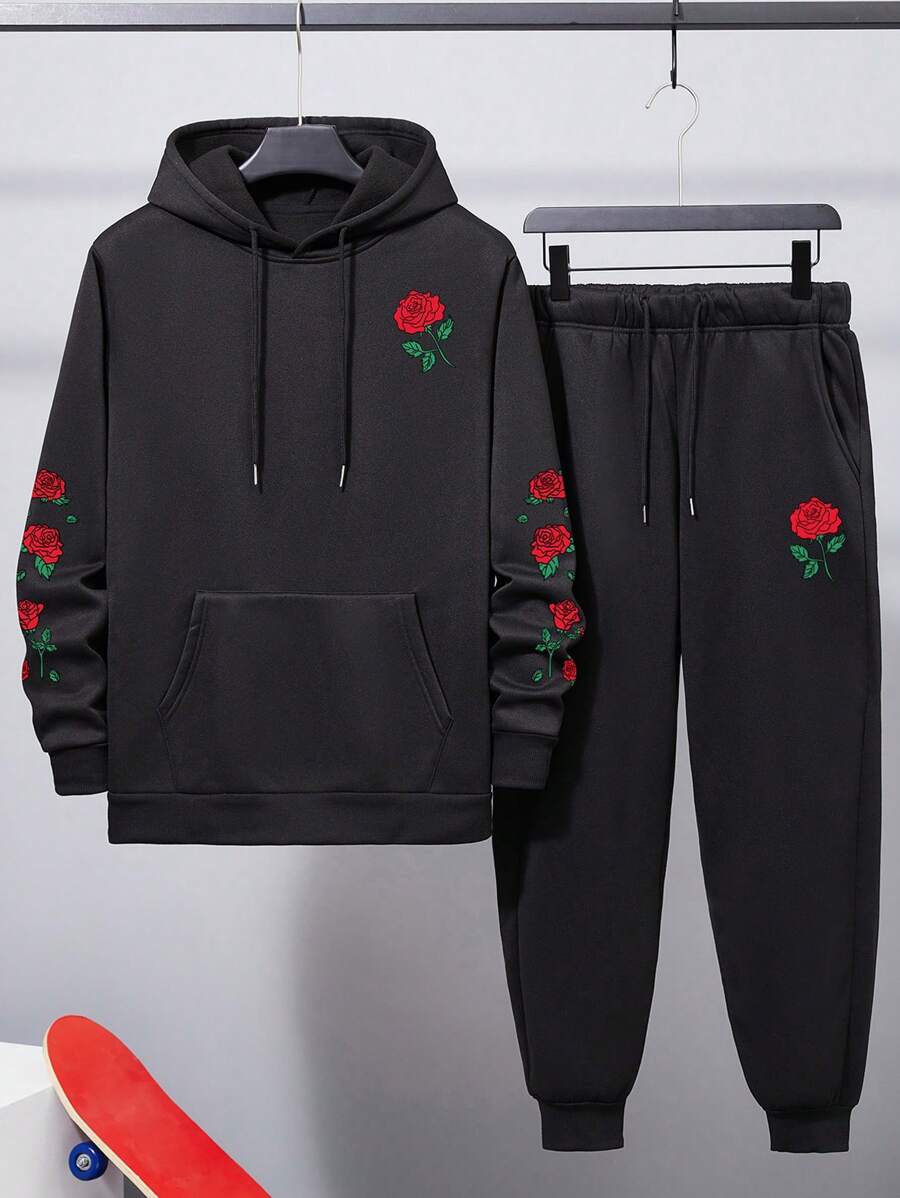 Conjunto De Sudadera Con Capucha Y Pantalones De Chándal Con Estampado De Rosa Para Hombre - Negro - Ver 1