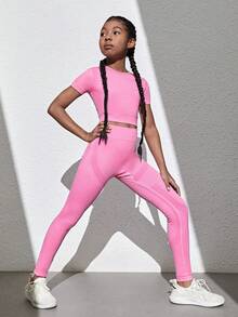 SHEIN Bộ quần áo thun dệt kim liền mạch cho bé gái tuổi mới lớn 2 món - Nhiều màu - Xem 3