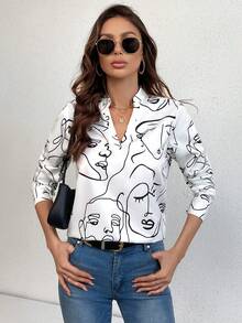 SHEIN Frenchy Chân dung In Cổ áo có khía Tay áo dài Áo sơ mi - trắng - Xem 6