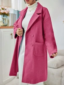 EURMUSE Women's Notched Collar Double Breasted Long Sleeve Woolen Coat - Hot Pink - View 4
