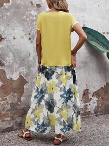 EMERY ROSE 女性夏日對比邊飾上衣及花卉印花裙子套裝 - 黃色 - 查看 2