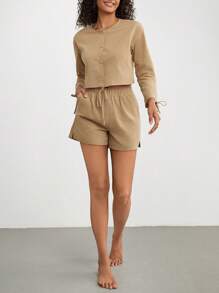 Ocili Leisure Natural Women's Tie Knot Cuff Long Sleeve Top And Shorts Casual Outfit Set-Khaki - Khaki - View 5