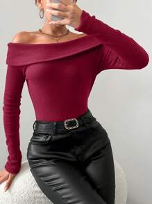 RueChic Foldover Off Shoulder Sweater - Red Violet - View 4