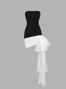 Sweetra Contrast Color Bottom Hem Big Bowknot Design Dress Mini Short Women Outfit - Multicolor - View 1