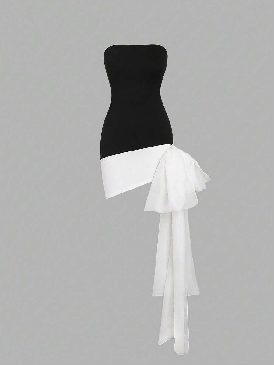 Sweetra Contrast Color Bottom Hem Big Bowknot Design Dress Mini Short Women Outfit - Multicolor - View 1