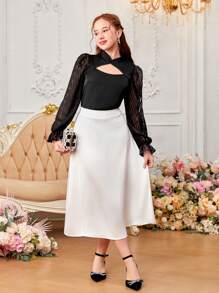 SHEIN 少女立領蕾絲拼布透視網層疊袖襯衫帶有剪裁 - 黑色 - 查看 5