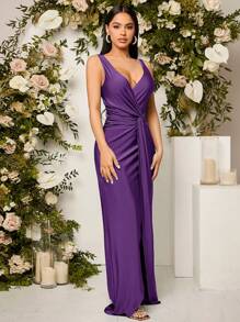 SHEIN Belle 女士無袖褶皺腰裙 - 紫色 - 查看 4