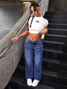 SHEIN PETITE Quý cô Quần jean Với Túi - Màu xanh lam - Xem 5
