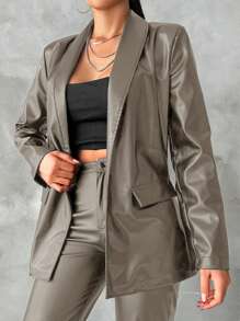 EURMUSE Women'S Pu Single Button Blazer Jacket - Beige - View 1
