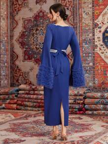 Modelyn Women'S Arabian Style Dress With Cape Sleeves, Belted Waist And Woven Stripe Detail Long Evening Dresses - Blue - View 2