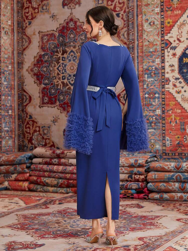 Women'S Arabian Style Dress With Cape Sleeves, Belted Waist And Woven Stripe Detail Long Evening Dresses