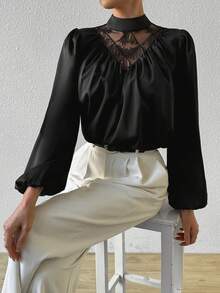 SHEIN Privé 女士网眼撞色闪光流苏立领褶饰灯笼袖衬衫 - 黑色 - 查看 3