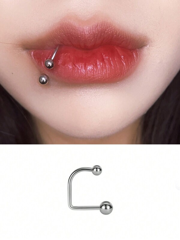 ROMWE Grunge Punk 1pc Stainless Steel D-Shaped Lip Ring, Lip Stud, Ball Size Mix, Piercing Jewelry Set For Men And Women